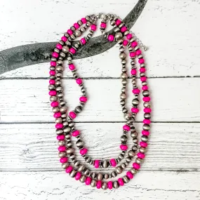 3 Strand Faux Navajo Pearl Necklace in Silver with Fuchsia Beads