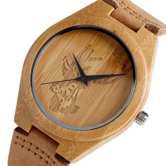 Bamboo Wood Watch Minimalist Cool Deer Head Genuine Leather Band Strap Nature Wood Bangle Wristwatch Unisex Reloj Hombre Clock