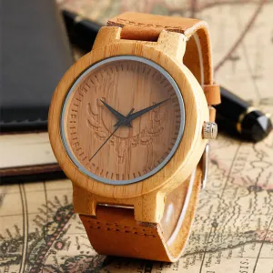 Bamboo Wood Watch Minimalist Cool Deer Head Genuine Leather Band Strap Nature Wood Bangle Wristwatch Unisex Reloj Hombre Clock