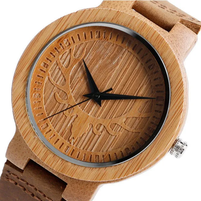 Bamboo Wood Watch Minimalist Cool Deer Head Genuine Leather Band Strap Nature Wood Bangle Wristwatch Unisex Reloj Hombre Clock