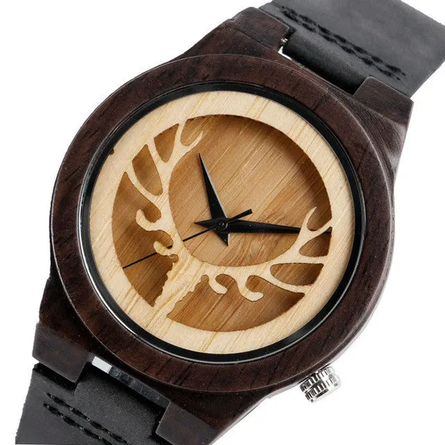 Bamboo Wood Watch Minimalist Cool Deer Head Genuine Leather Band Strap Nature Wood Bangle Wristwatch Unisex Reloj Hombre Clock