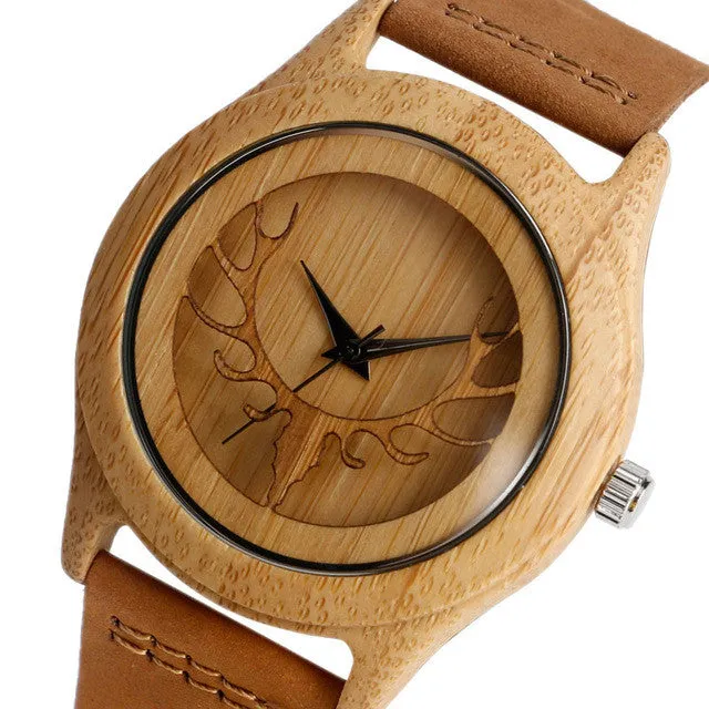 Bamboo Wood Watch Minimalist Cool Deer Head Genuine Leather Band Strap Nature Wood Bangle Wristwatch Unisex Reloj Hombre Clock