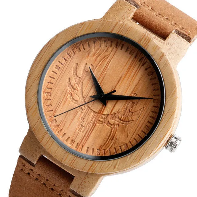 Bamboo Wood Watch Minimalist Cool Deer Head Genuine Leather Band Strap Nature Wood Bangle Wristwatch Unisex Reloj Hombre Clock