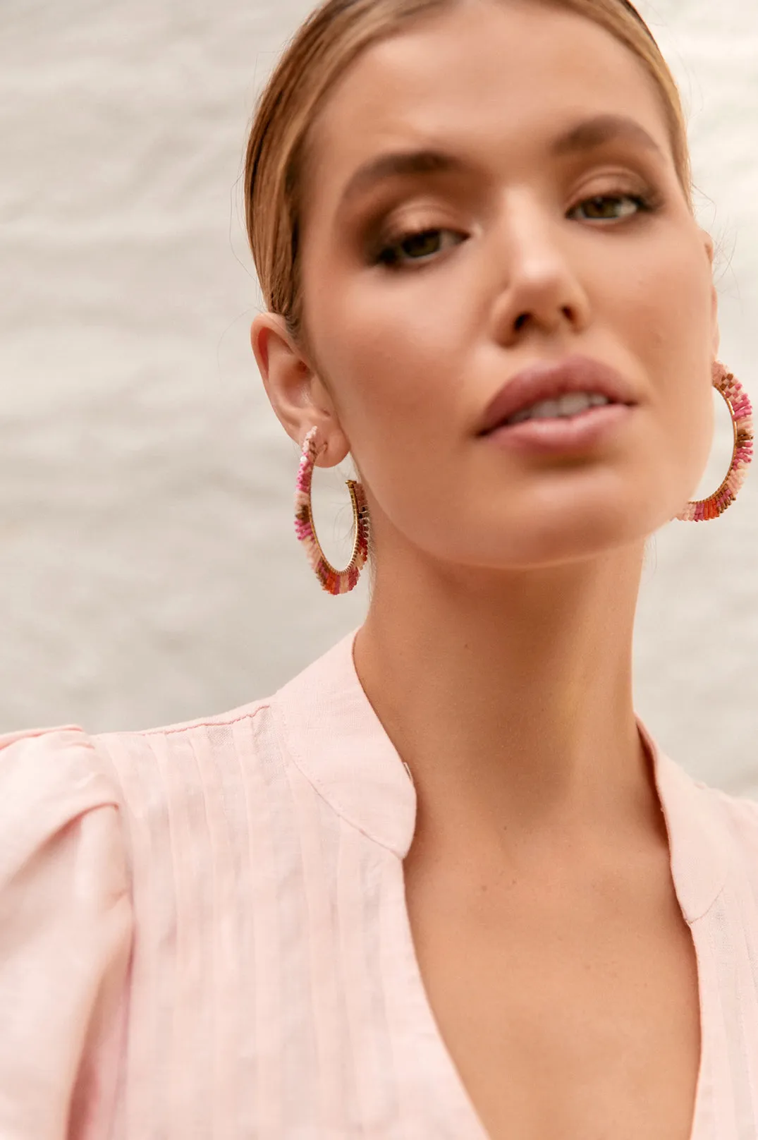 Beaded Hoop Earrings - Pink/Orange/Bronze