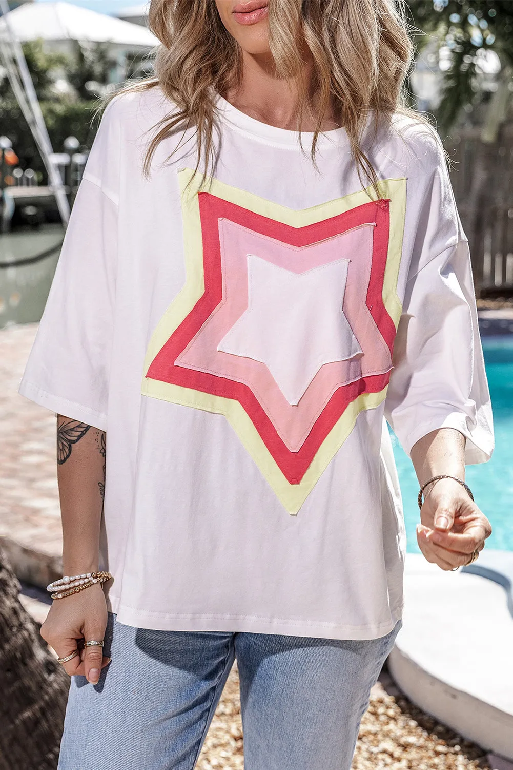 Bonbon Colorblock Star Patched Half Sleeve Oversized Tee