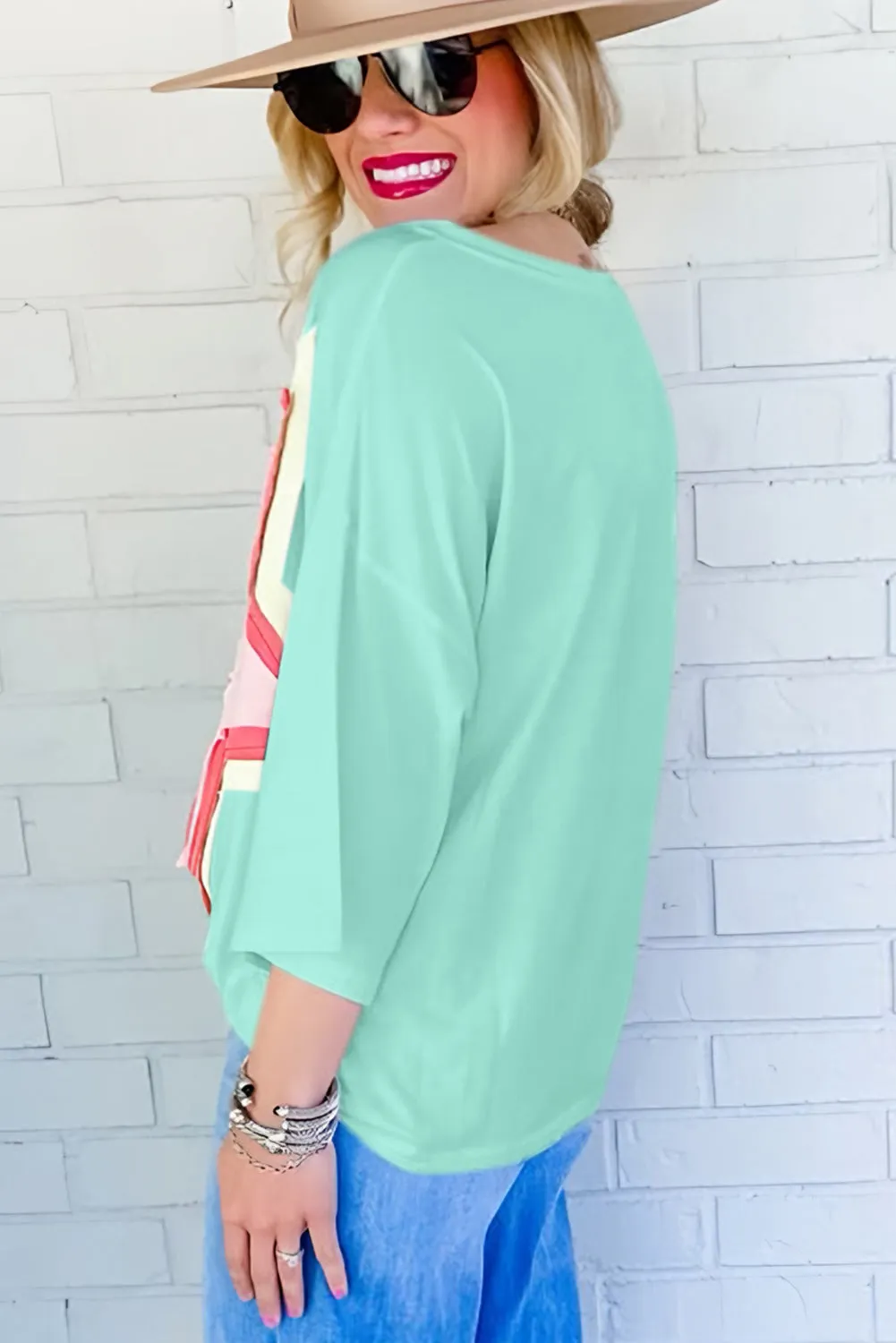 Bonbon Colorblock Star Patched Half Sleeve Oversized Tee