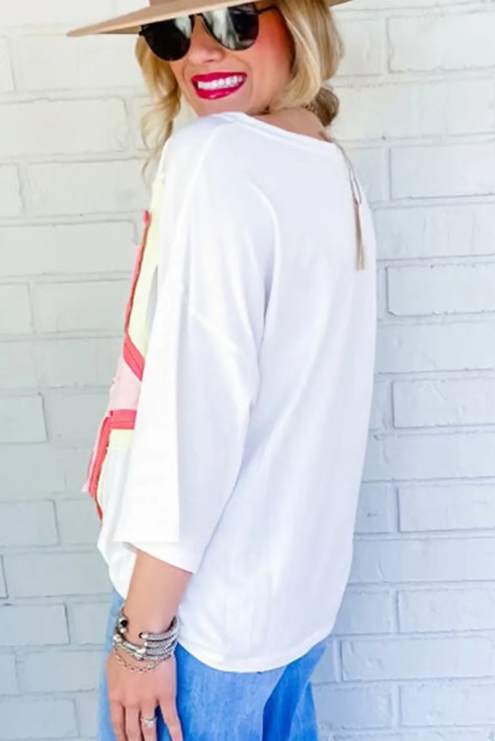 Bonbon Colorblock Star Patched Half Sleeve Oversized Tee