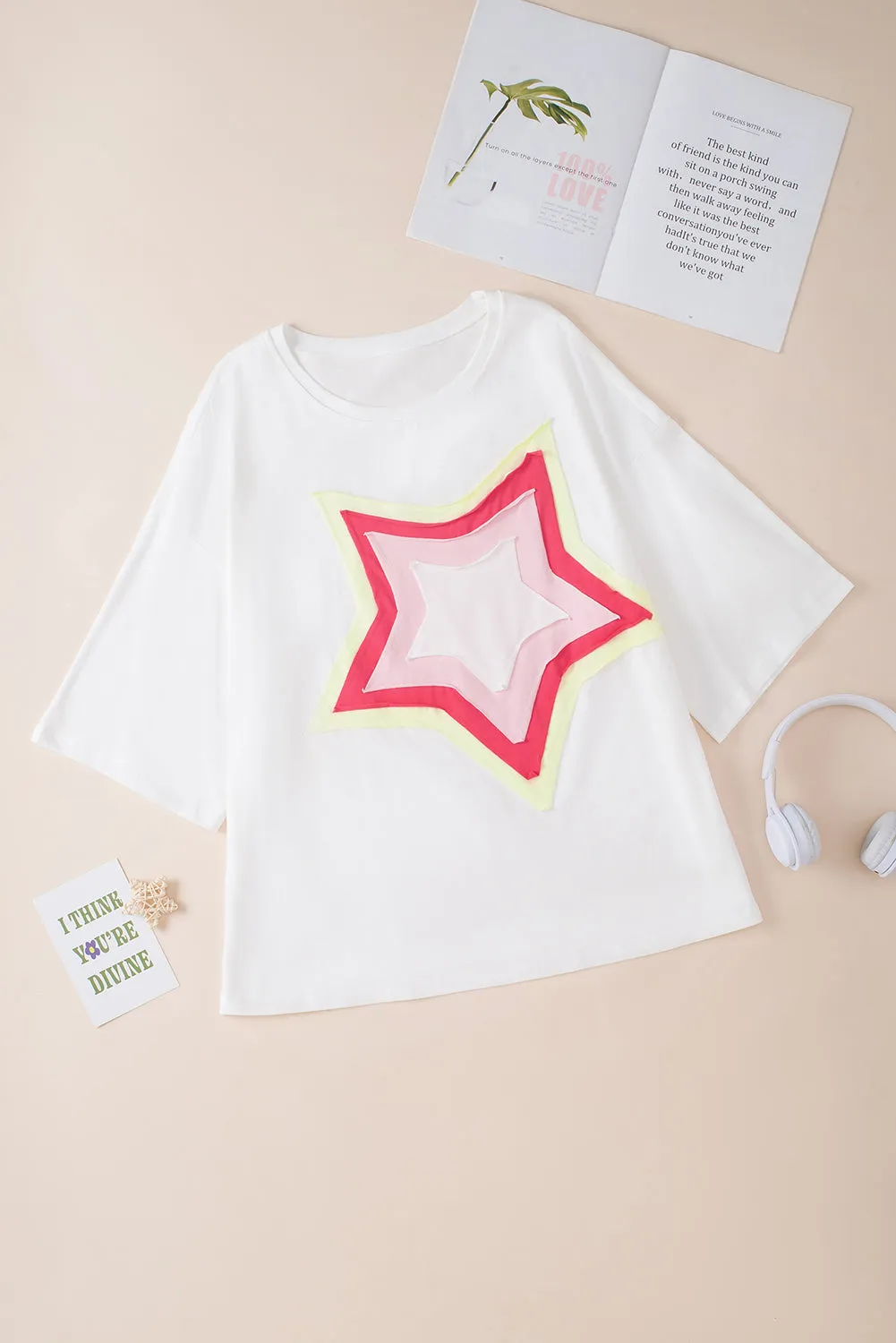 Bonbon Colorblock Star Patched Half Sleeve Oversized Tee