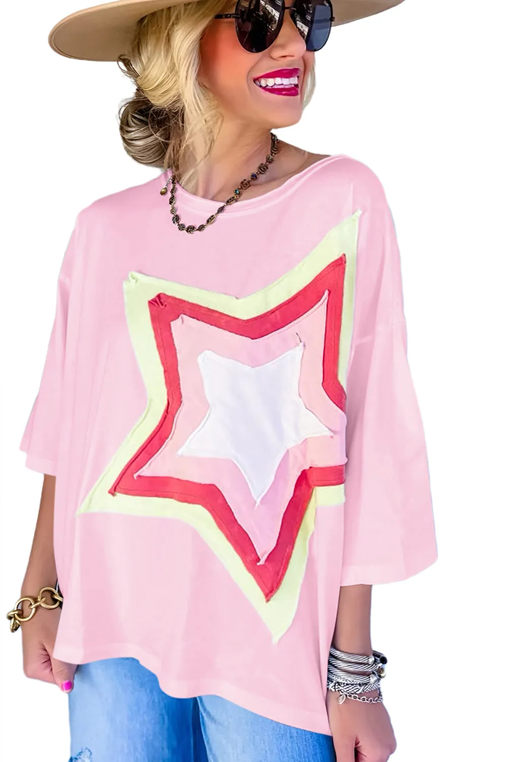 Bonbon Colorblock Star Patched Half Sleeve Oversized Tee