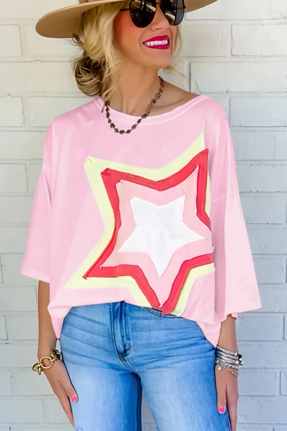 Bonbon Colorblock Star Patched Half Sleeve Oversized Tee