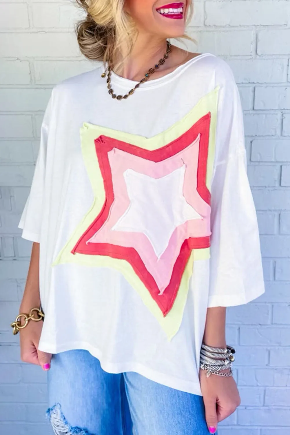 Bonbon Colorblock Star Patched Half Sleeve Oversized Tee