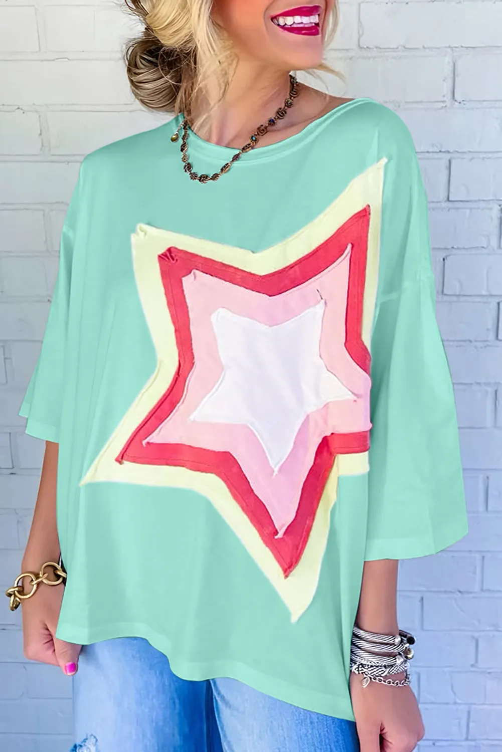 Bonbon Colorblock Star Patched Half Sleeve Oversized Tee