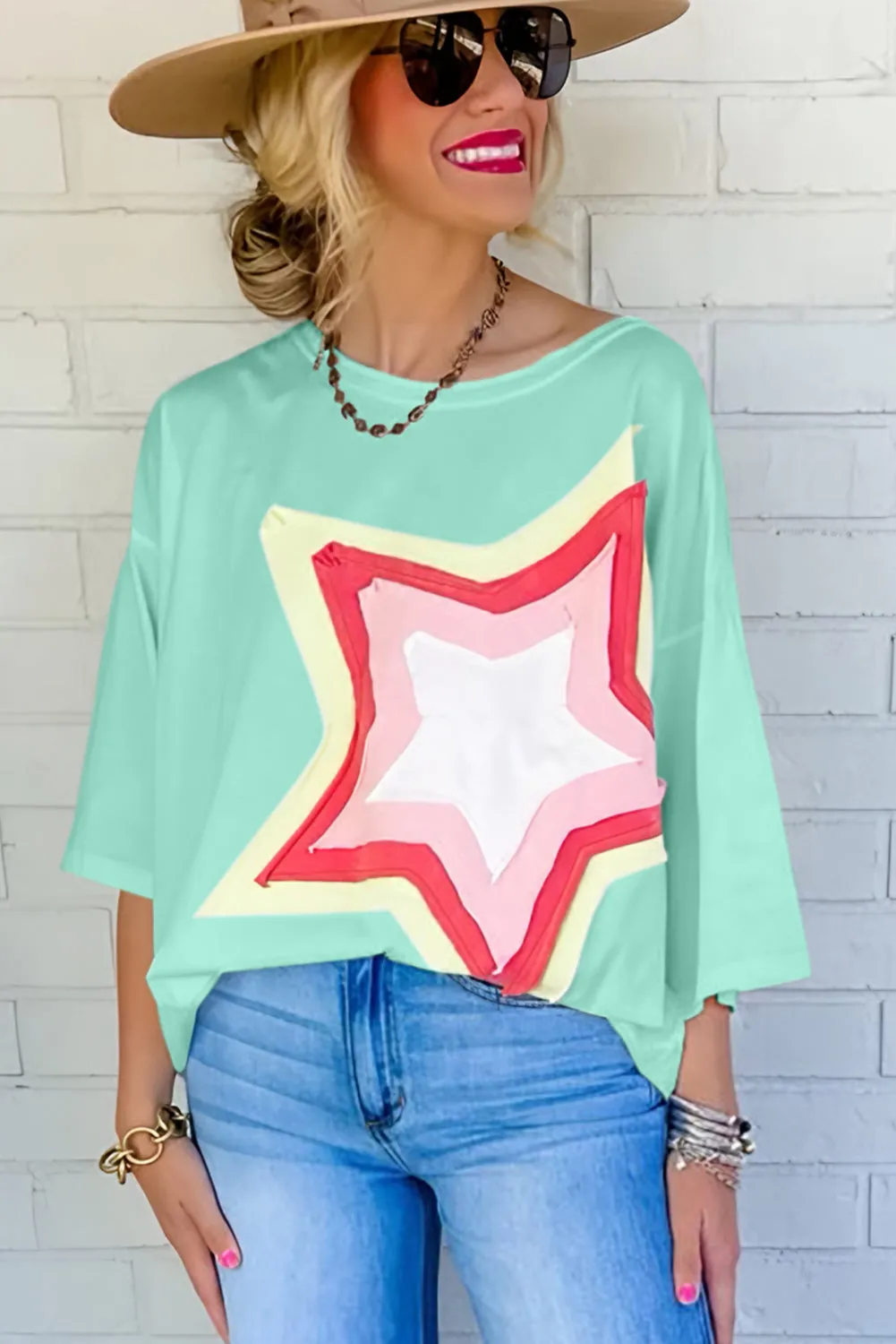 Bonbon Colorblock Star Patched Half Sleeve Oversized Tee