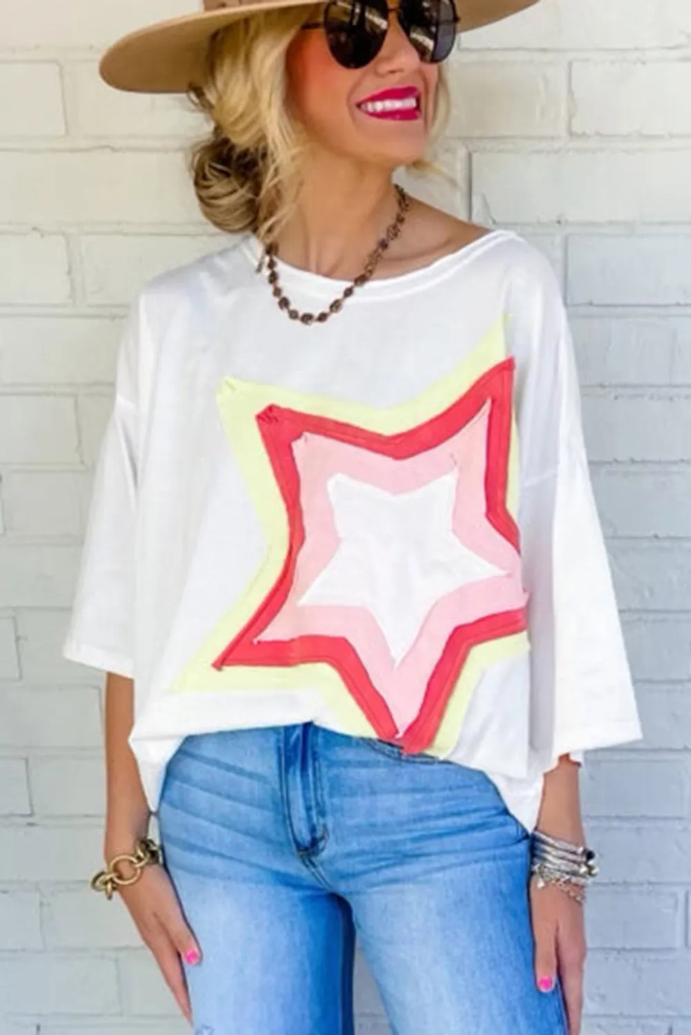 Bonbon Colorblock Star Patched Half Sleeve Oversized Tee