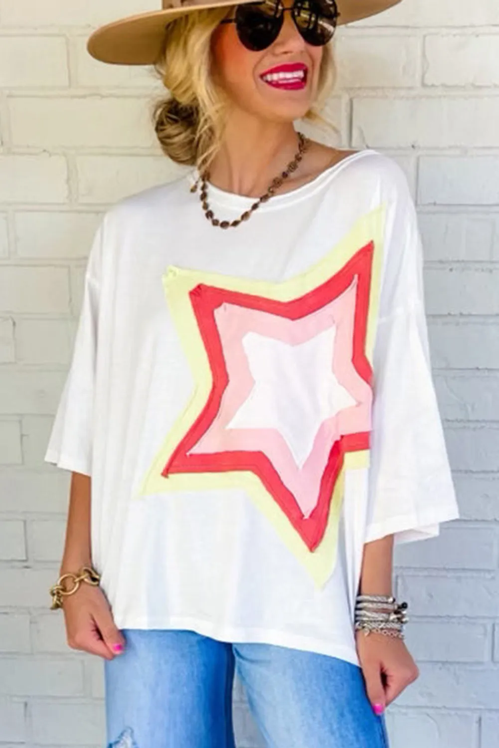 Bonbon Colorblock Star Patched Half Sleeve Oversized Tee