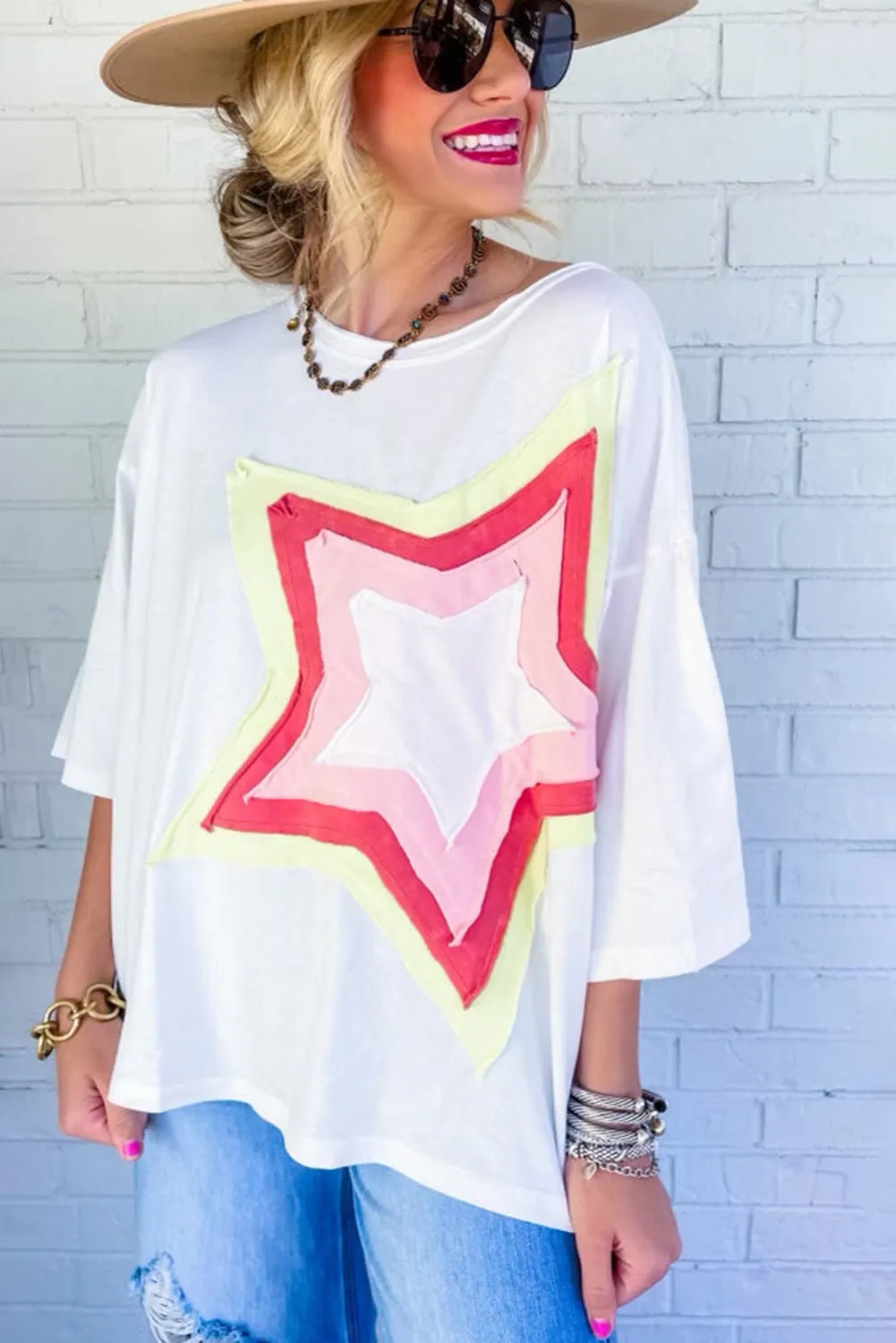 Bonbon Colorblock Star Patched Half Sleeve Oversized Tee