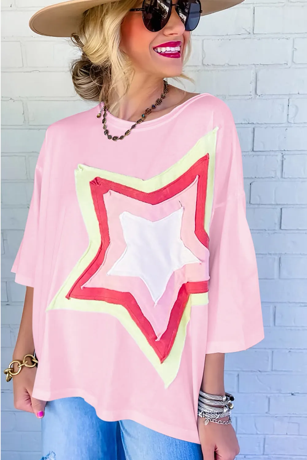 Bonbon Colorblock Star Patched Half Sleeve Oversized Tee