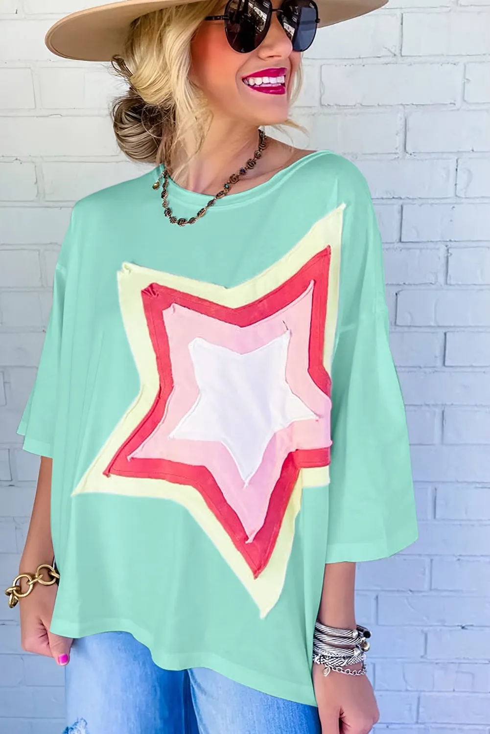 Bonbon Colorblock Star Patched Half Sleeve Oversized Tee