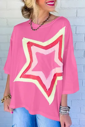 Bonbon Colorblock Star Patched Half Sleeve Oversized Tee