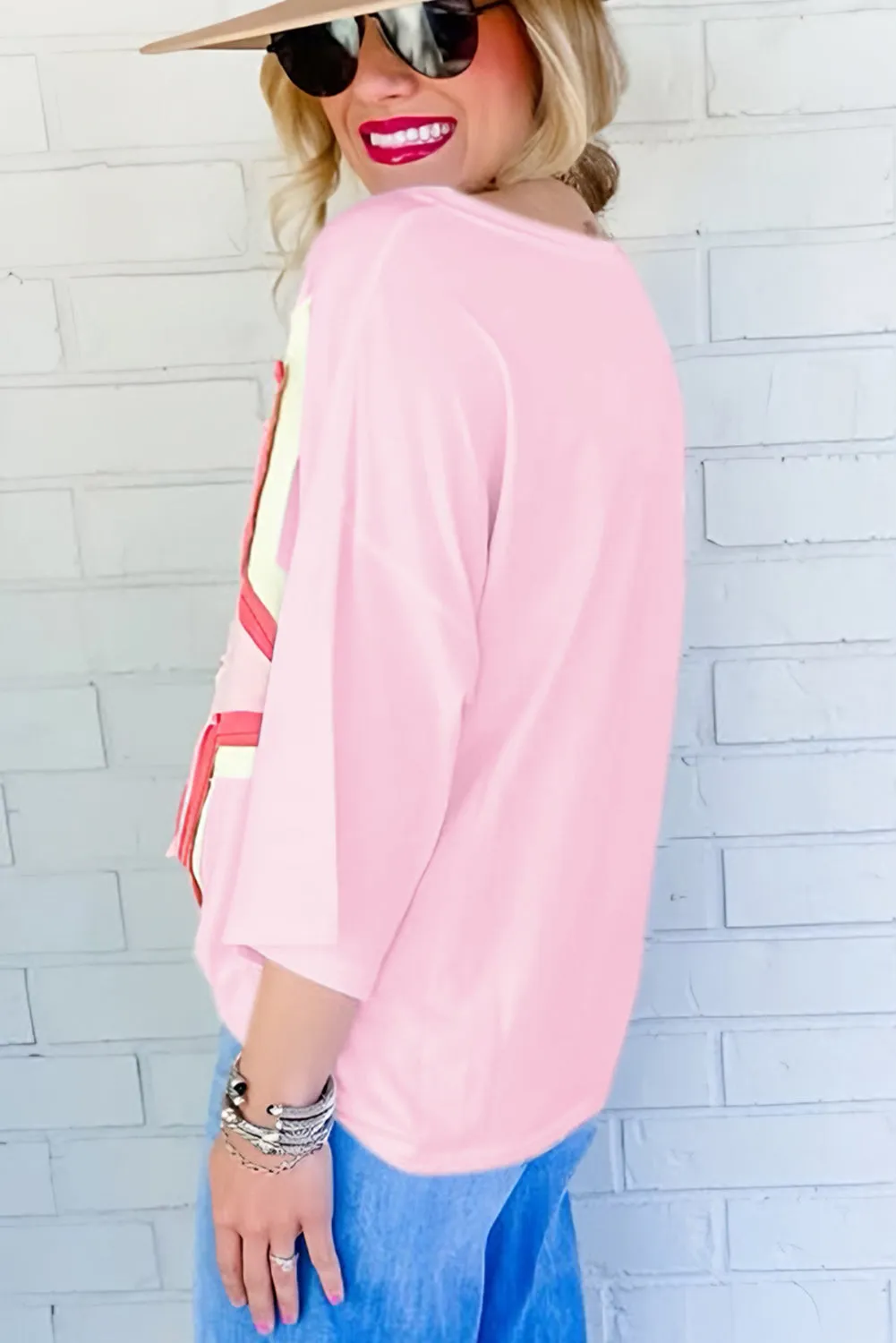 Bonbon Colorblock Star Patched Half Sleeve Oversized Tee