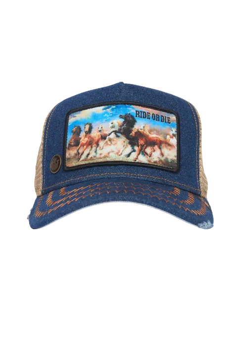 Goorin Bros Horse Model No. 21D302D13 {Ride Or Die} Rodeo Trucker Hat (Indigo)