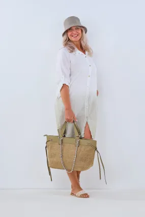 Hemdblusenkleid mit seitlichen Taschen, weiß-taupe