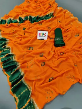 KcPc Latest New Launch Pure Georgette Gulti Bandhej Satin Patta Border Saree With Blouse,RTK Orange Green