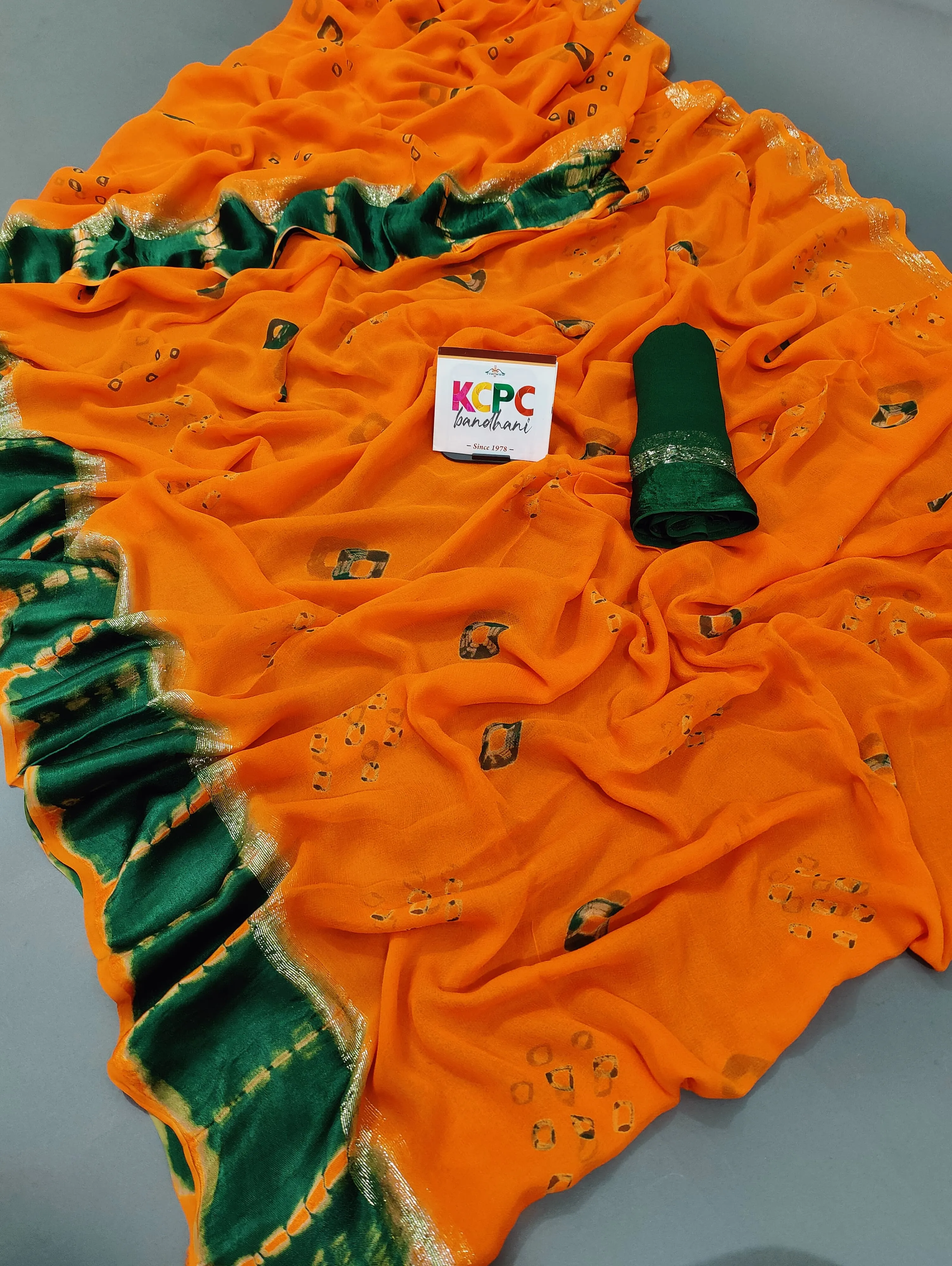 KcPc Latest New Launch Pure Georgette Gulti Bandhej Satin Patta Border Saree With Blouse,RTK Orange Green