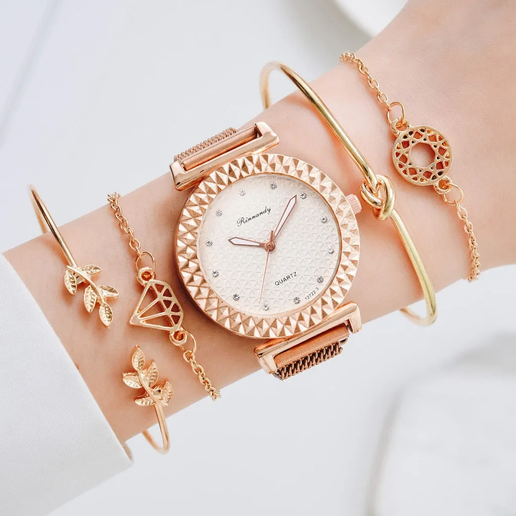 Luxury 5pcs Set Bracelet Watch Women Elegant Magnet Diamond Ladies Quartz Wrist Watch Dress Pink Clock Reloj Mujer Dropshipping