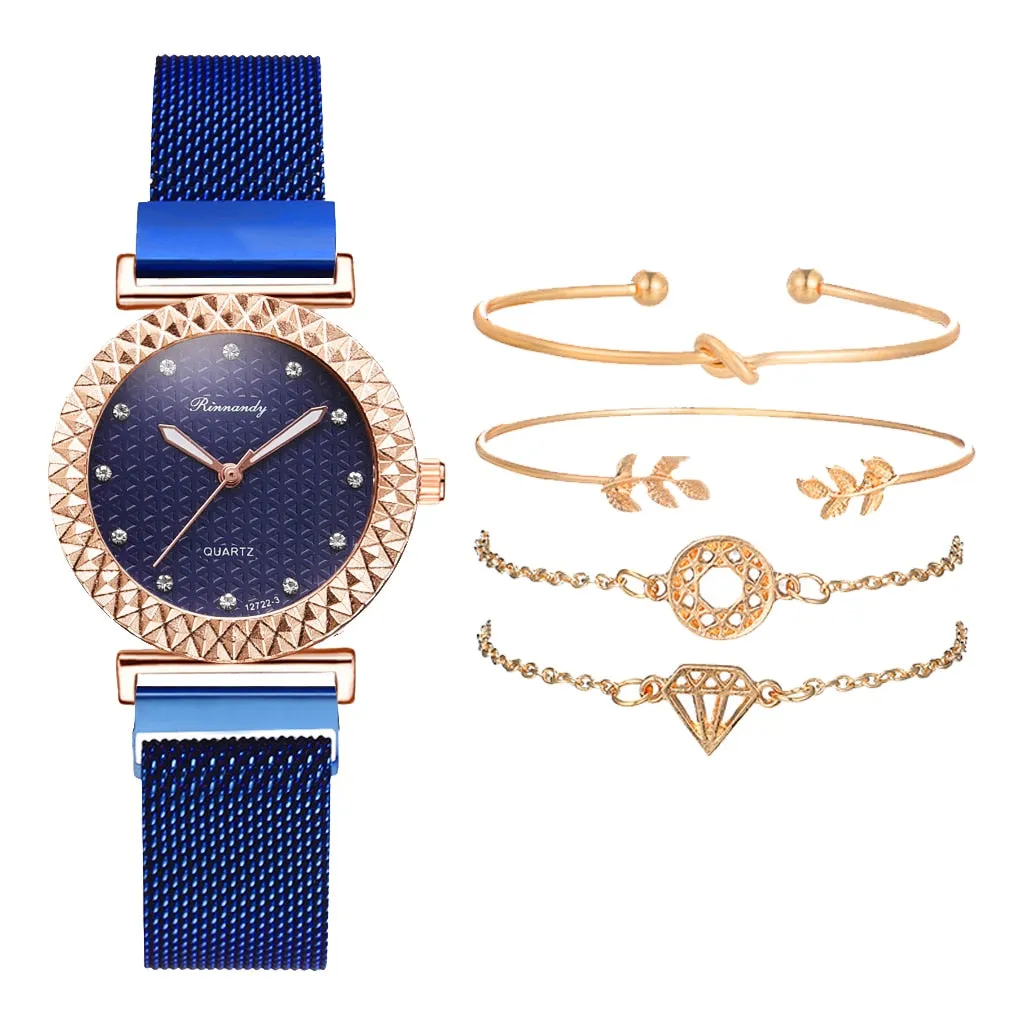 Luxury 5pcs Set Bracelet Watch Women Elegant Magnet Diamond Ladies Quartz Wrist Watch Dress Pink Clock Reloj Mujer Dropshipping