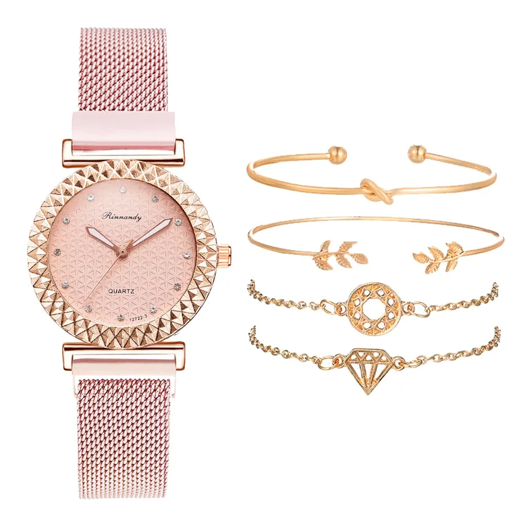 Luxury 5pcs Set Bracelet Watch Women Elegant Magnet Diamond Ladies Quartz Wrist Watch Dress Pink Clock Reloj Mujer Dropshipping