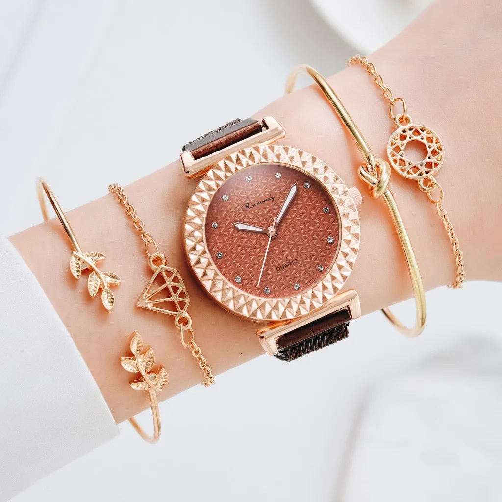 Luxury 5pcs Set Bracelet Watch Women Elegant Magnet Diamond Ladies Quartz Wrist Watch Dress Pink Clock Reloj Mujer Dropshipping