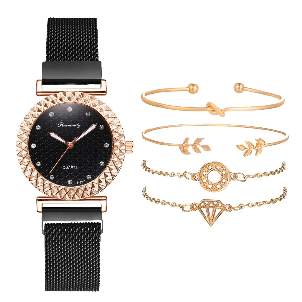 Luxury 5pcs Set Bracelet Watch Women Elegant Magnet Diamond Ladies Quartz Wrist Watch Dress Pink Clock Reloj Mujer Dropshipping