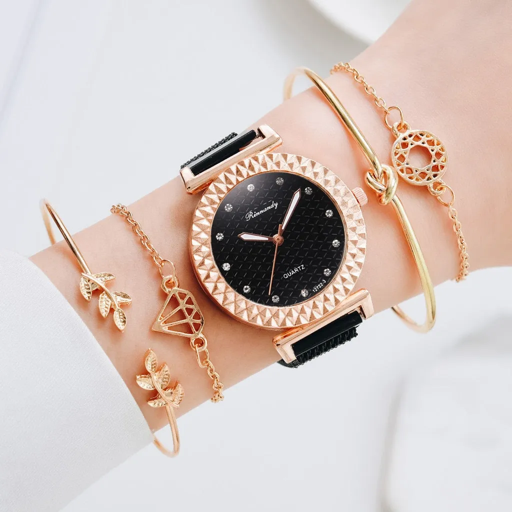 Luxury 5pcs Set Bracelet Watch Women Elegant Magnet Diamond Ladies Quartz Wrist Watch Dress Pink Clock Reloj Mujer Dropshipping