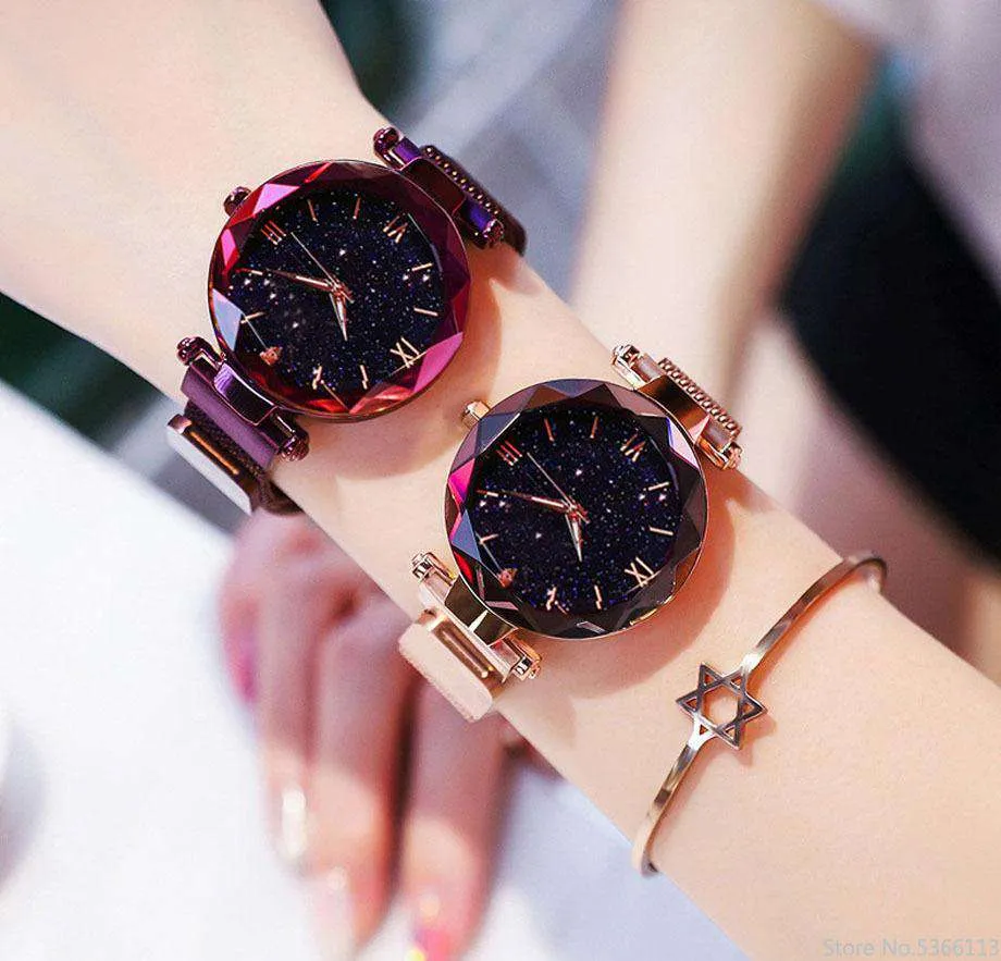 Luxury Women Watches Fashion Elegant Magnet Buckle Vibrato Purple Ladies Wristwatch 2019 New Starry Sky Roman Numeral Gift Clock