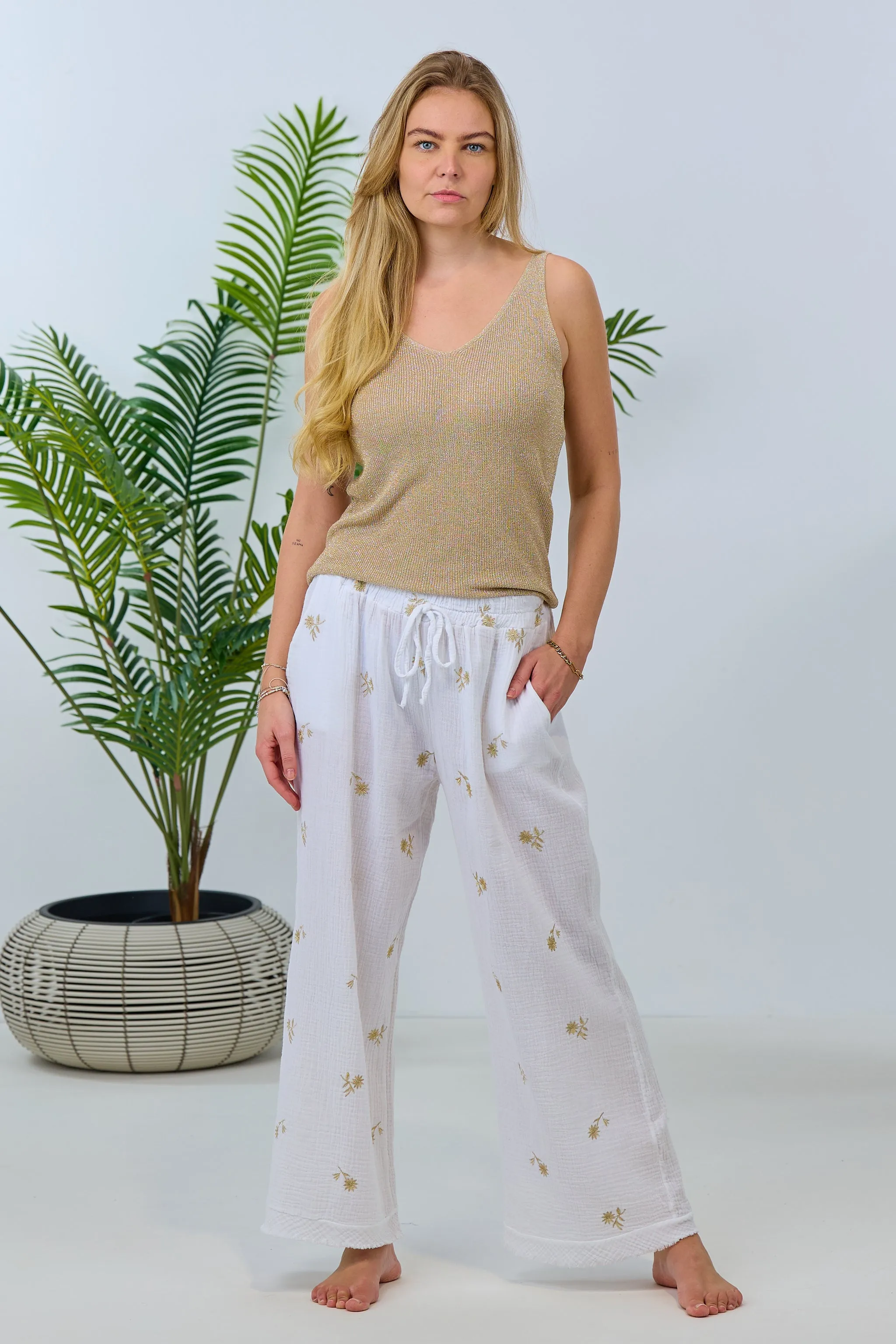 Musselin Hose, weiß-gold